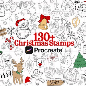 May include: A digital collection of 130+ Christmas stamps for Procreate featuring black and white line art illustrations of Santa Claus, reindeer, snowmen, gingerbread men, ornaments, candy canes, gifts, and holiday text on a grid background.