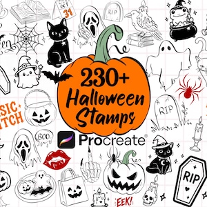 May include: A digital collection of 230+ Halloween stamps for Procreate featuring black and white line art illustrations of pumpkins, ghosts, black cats, skulls, coffins, spiders, bats, and text including Happy Halloween and Trick or Treat.