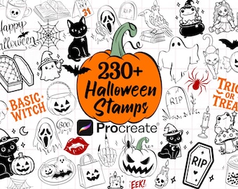 Halloween Spooky Stamps for PROCREATE! Cute, Whimsical, Ghosts, Pumpkins, Crows, Witches, Cats, Haunted Doodles, Scary Vampire (commercial)