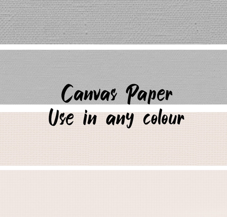 May include: A textured canvas paper sheet featuring horizontal bands of light gray and pale pink. The text "Canvas Paper" is printed in black in the center, followed by the text "Use in any colour" directly below it in black lettering.