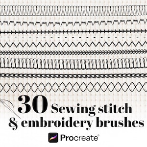 May include: Image of 30 sewing stitch and embroidery brushes. The image shows various black stitch patterns, including zigzags, straight lines, and chain stitches. The text "30 Sewing stitch & embroidery brushes" is displayed.