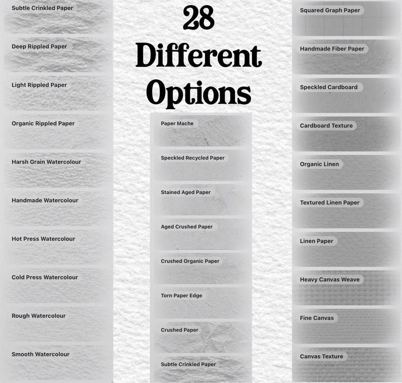 May include: A digital display featuring 28 different options of paper and canvas textures. The text 28 Different Options is centered at the top. The list includes Subtle Crinkled Paper, Deep Rippled Paper, Squared Graph Paper, and various watercolor, linen, and canvas textures.