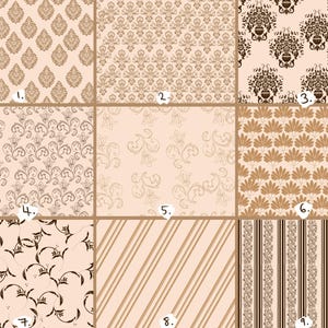 May include: Nine repeating patterns in brown and beige tones. The designs include damask, floral, and striped motifs. Each pattern is presented within a square, forming a grid. The overall style is vintage and decorative, suitable for various design applications.