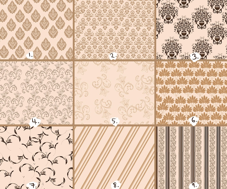 May include: Nine repeating patterns in brown and beige tones. The designs include damask, floral, and striped motifs. Each pattern is presented within a square, forming a grid. The overall style is vintage and decorative, suitable for various design applications.