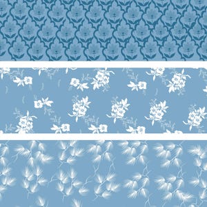 May include: Three blue and white patterned designs. The top design features a repeating floral pattern. The middle design has white floral bouquets on a light blue background. The bottom design has white pine needle branches on a light blue background.