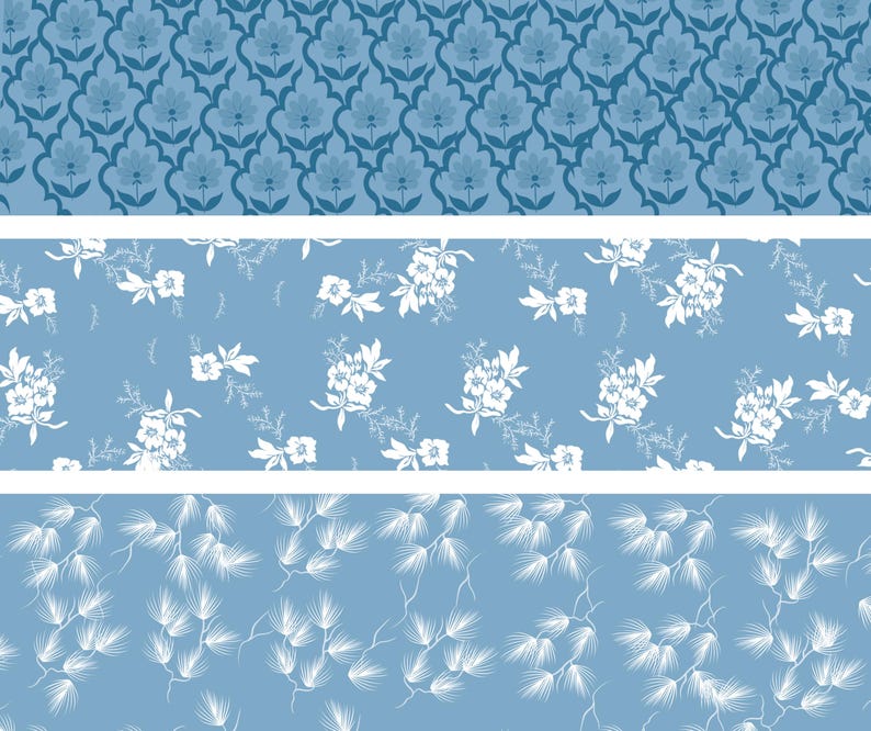 May include: Three blue and white patterned designs. The top design features a repeating floral pattern. The middle design has white floral bouquets on a light blue background. The bottom design has white pine needle branches on a light blue background.