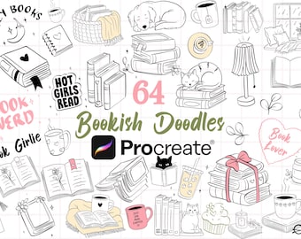 Bookish Doodle STAMPS for PROCREATE! Cute Cozy Book Themed Art ! Doodle Sketching Style Reading Book Pages Designs (Commercial Licence)