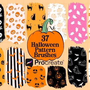 May include: A digital collection of 37 Halloween pattern brushes for Procreate, displayed as individual paint swatches featuring various motifs including skulls, pumpkins, black cats, ghosts, bats, and stripes in orange, black, white, and pink.
