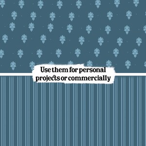 May include: A digital design with two contrasting patterns. The upper section has a repeating floral design in light blue on a darker blue backdrop. The lower section features vertical stripes in a lighter blue. Text reads: "Use them for personal projects or commercially."