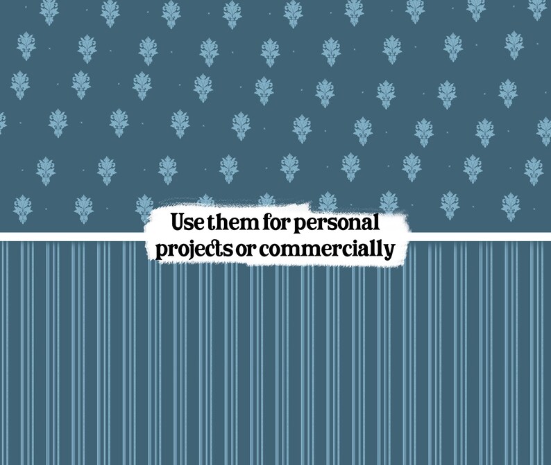 May include: A digital design with two contrasting patterns. The upper section has a repeating floral design in light blue on a darker blue backdrop. The lower section features vertical stripes in a lighter blue. Text reads: "Use them for personal projects or commercially."
