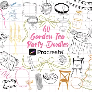 May include: A digital collection of 60 Garden Tea Party Doodles for Procreate featuring line art illustrations of a tiered cake, disco ball, candelabras, fruit bowls, glassware, balloons, a menu sign, and decorative bows on a grid background.