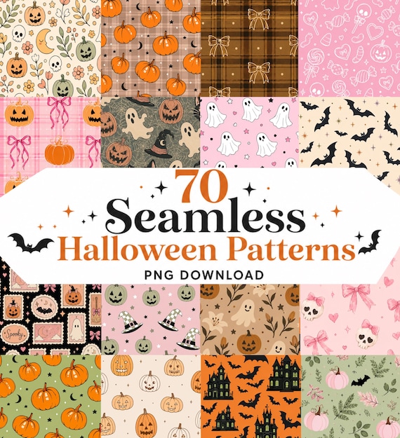 Halloween Spooky Coquette Seamless Patterns, Cute Digital Paper Download, PNG JPEG File, Ghosts, Pumpkins, Fall, Haunted, Scary (digital)