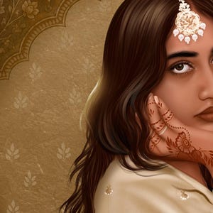 May include: A digital illustration of a person with long brown hair wearing a gold maang tikka headpiece with white pearls. The person has intricate brown henna patterns on their hand, which is resting near their face, and wears a cream-colored garment.