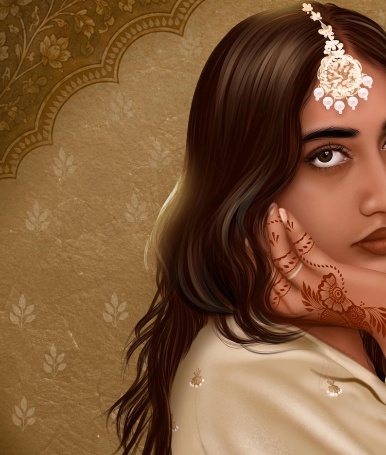 May include: A digital illustration of a person with long brown hair wearing a gold maang tikka headpiece with white pearls. The person has intricate brown henna patterns on their hand, which is resting near their face, and wears a cream-colored garment.