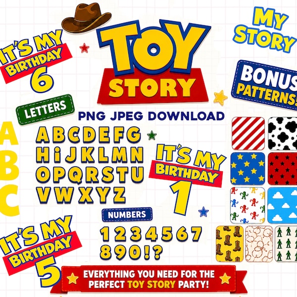 Toy Story Texts, Fonts & Patterns PNG JPEG Download! Alphabet, Toy Story Letters, Toy Story Numbers, Toy Story Party Text, Disney Birthday
