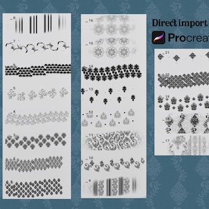 May include: A digital art asset featuring Procreate brushes. The brushes are displayed in rows, showcasing various patterns and textures, including floral, geometric, and abstract designs. The text "Direct import into Procreate" is also visible.