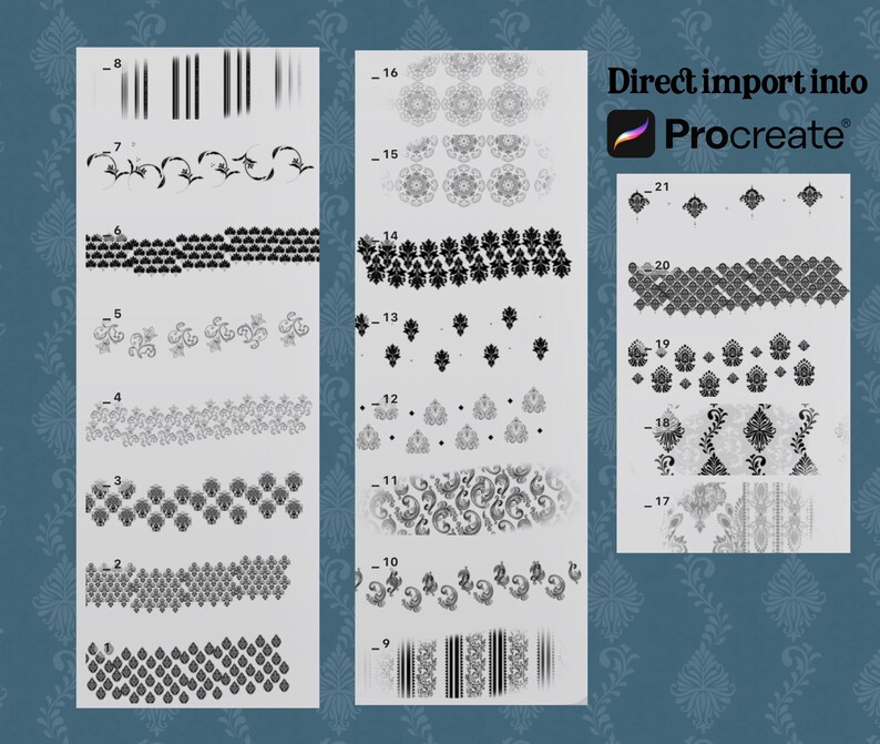 May include: A digital art asset featuring Procreate brushes. The brushes are displayed in rows, showcasing various patterns and textures, including floral, geometric, and abstract designs. The text "Direct import into Procreate" is also visible.