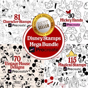 Könnte beinhalten: Ein digitales Kunstpaket mit Disney-Themen-Stempeln für Procreate. Das Bild zeigt verschiedene Stempelsets, darunter Charakterstempel, Mickey Mouse-Hände, Vintage-Maus-Designs und magische Stempel. Das Paket ist als "Bestseller" gekennzeichnet.