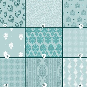 May include: Nine different teal and white patterned designs are displayed. The patterns include paisley, damask, and floral motifs. Each design is unique, providing a range of options for fabric or wallpaper.
