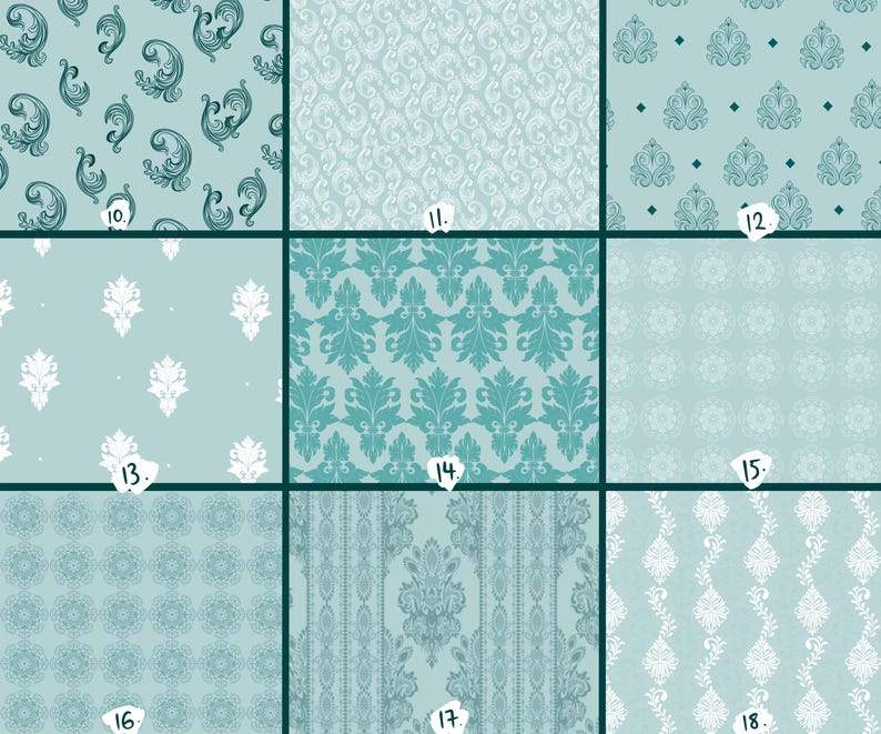 May include: Nine different teal and white patterned designs are displayed. The patterns include paisley, damask, and floral motifs. Each design is unique, providing a range of options for fabric or wallpaper.