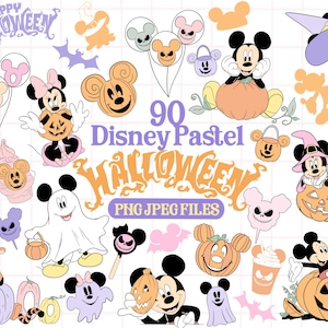 May include: A collection of 90 Disney pastel Halloween digital graphics featuring Mickey and Minnie Mouse in various costumes, pumpkins, ghosts, bats, and candy, with the text 90 Disney Pastel HALLOWEEN PNG JPEG FILES.