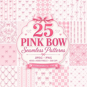 Diseño sin costuras Pink Bows Coquette, descarga de papel digital, archivo PNG JPEG, cintas, fondo, baby shower, habitación infantil, papel tapiz (digital)