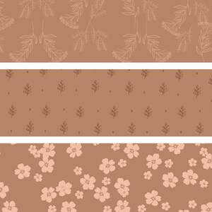 May include: Three horizontal panels with floral patterns on a brown background. The top panel features white line drawings of leaves and stems. The middle panel has small leaf designs. The bottom panel is covered in pink flowers.
