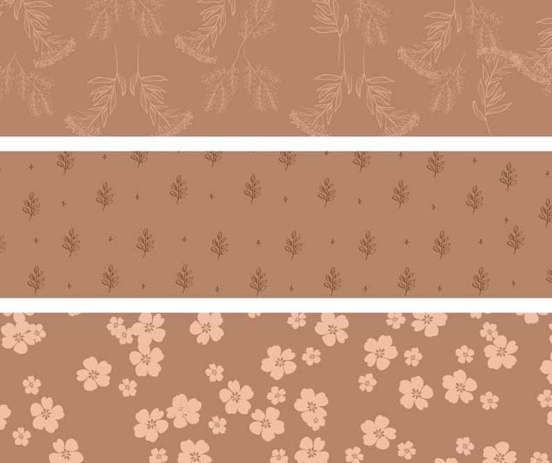 May include: Three horizontal panels with floral patterns on a brown background. The top panel features white line drawings of leaves and stems. The middle panel has small leaf designs. The bottom panel is covered in pink flowers.