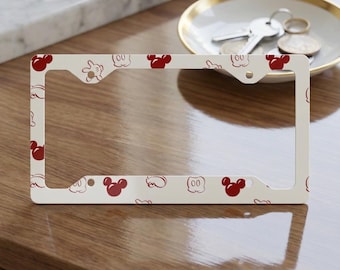 Disney Mickey Mouse biltillbehör röda och vita mushuvuden metallskyltram | Mönstrad bilram