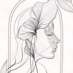 May include: A line art illustration of a woman's profile with a floral element. The artwork is in black lines on a light pink and white background. The text "Create line art styles" is at the top.