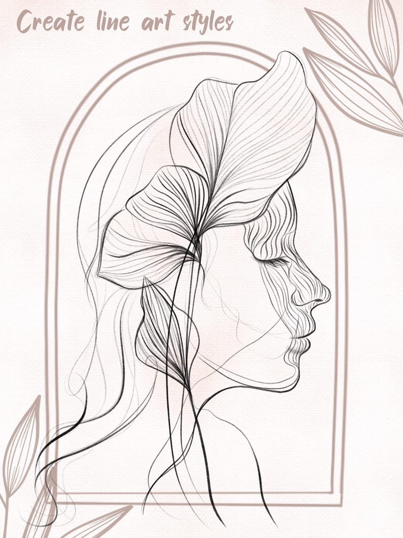 May include: A line art illustration of a woman's profile with a floral element. The artwork is in black lines on a light pink and white background. The text "Create line art styles" is at the top.