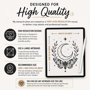 May include: A digital graphic displaying instructions for high-resolution stamp brushes. It features a tablet showing a black and white line art illustration of a crescent moon, a moth, and stars, with text specifying 3000 px or above dimensions.