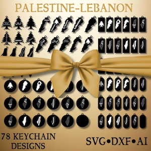 78 sleutelhangerontwerpen | Palestina-kaarten met Keffiyeh-patroon, Libanon-kaarten, cederboom | SVG-, DXF-, AI-bestanden voor lasersnijden, Cricut en meer