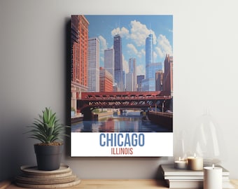 Chicago Illinois Travel Print Chicago Skyline Wall Decor Illinois Travel Art Chicago Illustration Chicago River Wall Art Illinois Chicago