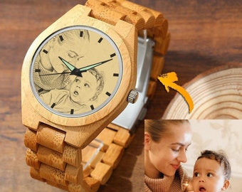 Montre photo personnalisée en bois pour homme gravée 45 mm