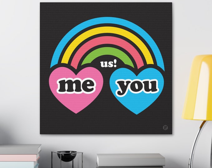 Me & You Rainbow Pink Blue Hearts Canvas Art for Teen Room Decor, Dorm Decor, Wall Art, Wall Decor, Room Decor in Pop Art, Modern Art Design