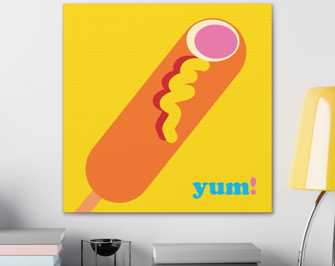 Canvas Art • Corndog, Yum! Yellow • 5 Sizes • Bold, Modern, Colorful Style!