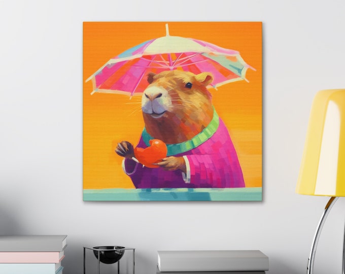 Canvas Art | Capybara with Umbrella | Room and Wall Décor | Contemporary Illustration Art Style