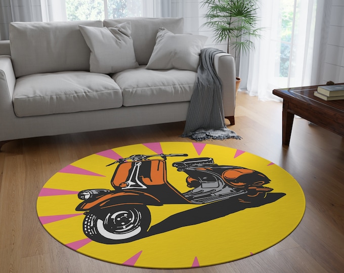 Round Rug | Bold, Colorful, Scooter | Home Decor | Man Cave | Teen Room | Dorm Decor | She-Shed | 50"x50" Size