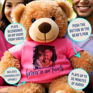 Memory Teddy Bear | Personalized Memorial Bear | Prerecorded Audio or Audio from Video | Plays Multiple Recordings | With Custom Apparel