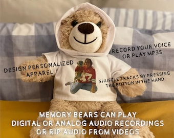 Memory Teddy Bear - Plays Multiple Voice Recording, Custom Audio Recorder, plays MP3s, personalized apparel designs, can play analog audio!