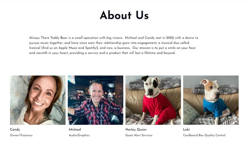 May include: A group photo of four people, two women and two men, with their dogs. The women are wearing casual clothing, and the men are wearing plaid shirts. The dogs are wearing red and blue shirts. The text "About Us" is at the top of the image.
