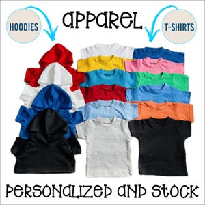 May include: A variety of blank hoodies and t-shirts in different colors, including white, black, blue, red, yellow, orange, pink, and green. The text "hoodies" and "t-shirts" are written above the garments. The text "apparel" is written in the center of the image. The text "personalized and stock" is written below the garments.