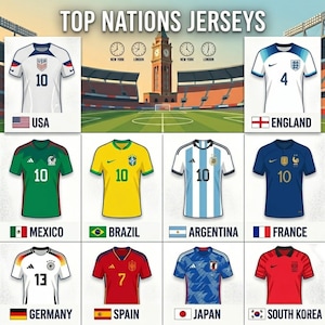 May include: Image of soccer jerseys representing different nations. The jerseys include USA, England, Mexico, Brazil, Argentina, France, Germany, Spain, Japan, and South Korea. Each jersey displays a number and the nation's flag.