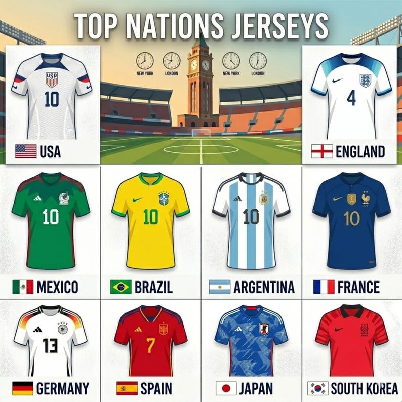 May include: Image of soccer jerseys representing different nations. The jerseys include USA, England, Mexico, Brazil, Argentina, France, Germany, Spain, Japan, and South Korea. Each jersey displays a number and the nation's flag.
