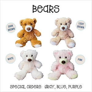 May include: Four plush teddy bears in various colors: dark brown, light brown, white, and pink. Each bear has a brown nose and white accents on the paws. The word "BEARS" is at the top, with "SPECIAL ORDERS: GRAY, BLUE, PURPLE" at the bottom.