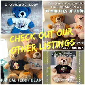 May include: A collage of teddy bears with personalized shirts. One blue bear has a shirt with a city scene, while others feature text and images. The bears are designed to play audio and are marketed as gifts.