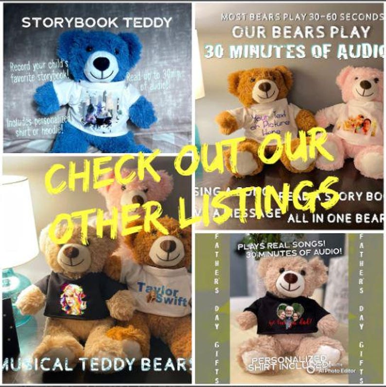 May include: A collage of teddy bears with personalized shirts. One blue bear has a shirt with a city scene, while others feature text and images. The bears are designed to play audio and are marketed as gifts.