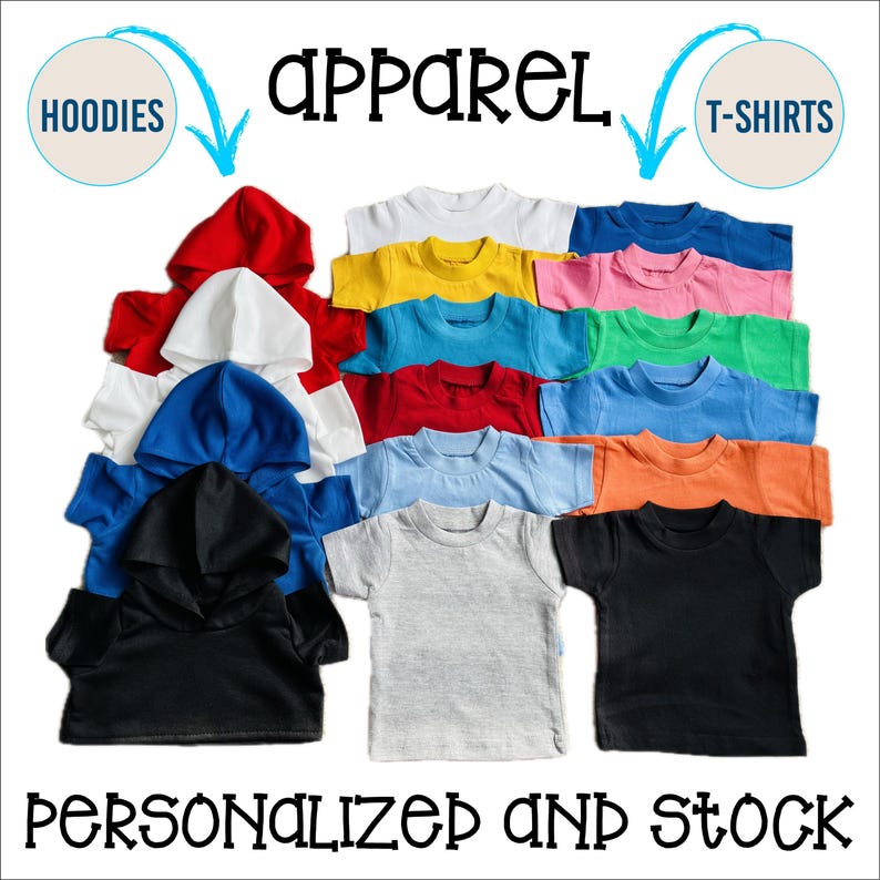 May include: A collection of colorful apparel, including hoodies and t-shirts, in various colors such as red, white, blue, yellow, pink, green, and orange. The word "apparel" is displayed in large, black letters, with the words "hoodies" and "t-shirts" in circles.