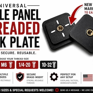 May include: Two black square MOLLE panel threaded back plates with central brass inserts. Text includes UNIVERSAL MOLLE PANEL THREADED BACK PLATE, NEW ALIGNMENT MARKINGS TO EASE ASSEMBLY, and thread size options M5, M6, 1/4-20, and 10-32.